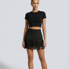 Women's Skort | Mini Length Faux Suede Fringe Detail