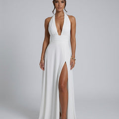 Women's Wedding Guest Dress | Maxi Halter Neck Leg Slit Polyester