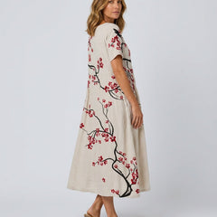 Women's Beach Cover Dress | Maxi Round Neck Short Sleeve Linen Blend