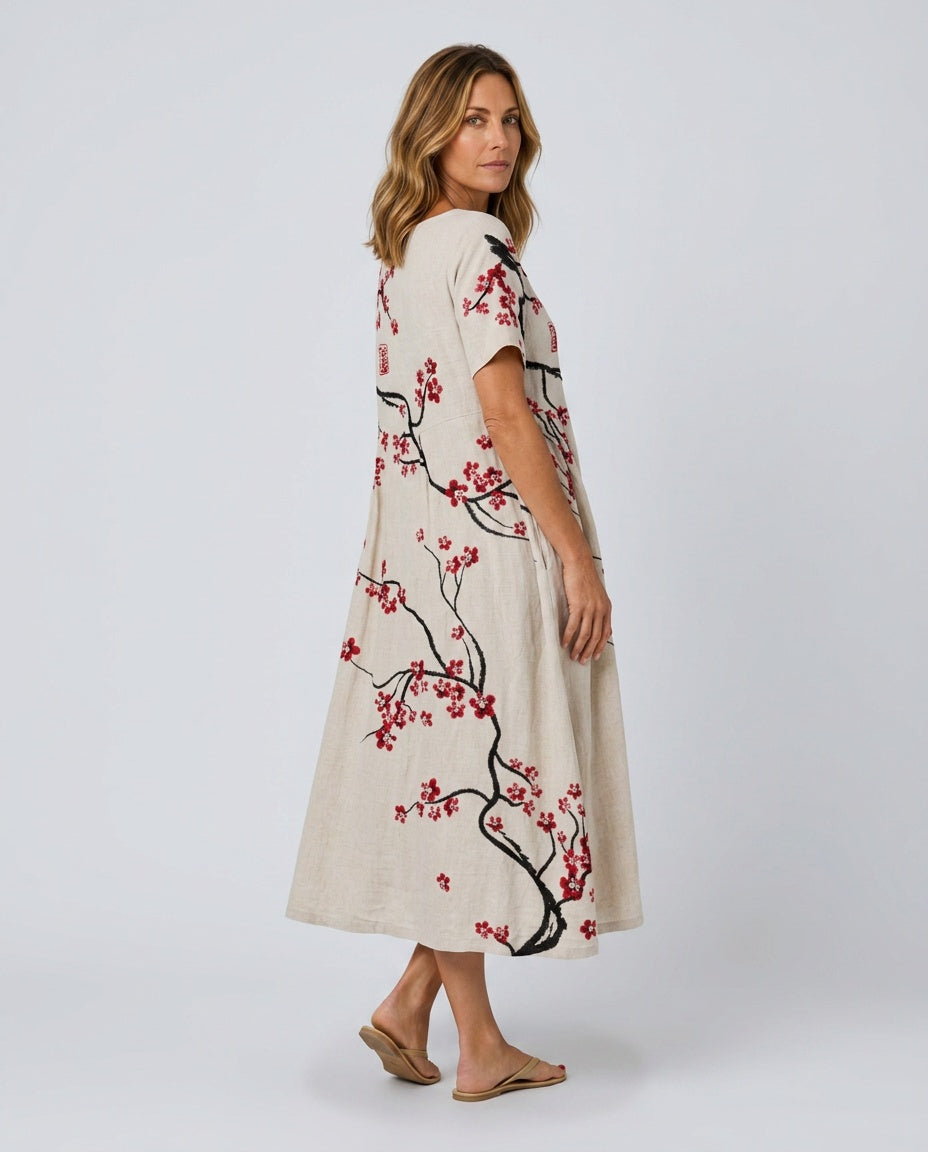 Women's Beach Cover Dress | Maxi Round Neck Short Sleeve Linen Blend