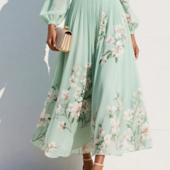 Women's Chiffon Dress | Maxi V-Neck Balloon Sleeve Floral