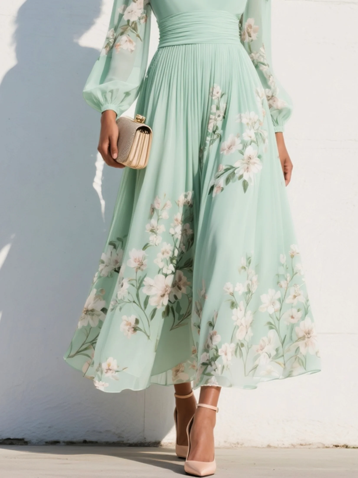 Women's Chiffon Dress | Maxi V-Neck Balloon Sleeve Floral