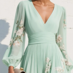 Women's Chiffon Dress | Maxi V-Neck Balloon Sleeve Floral