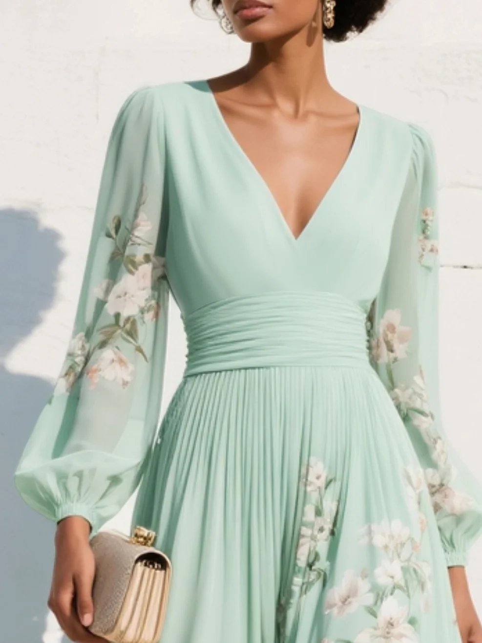 Women's Chiffon Dress | Maxi V-Neck Balloon Sleeve Floral