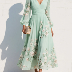 Women's Chiffon Dress | Maxi V-Neck Balloon Sleeve Floral