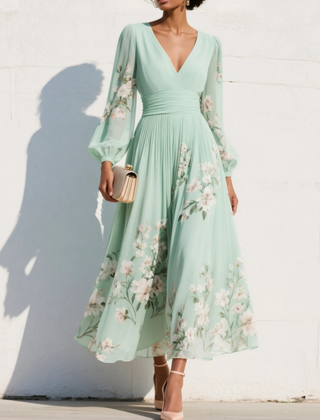 Women's Chiffon Dress | Maxi V-Neck Balloon Sleeve Floral