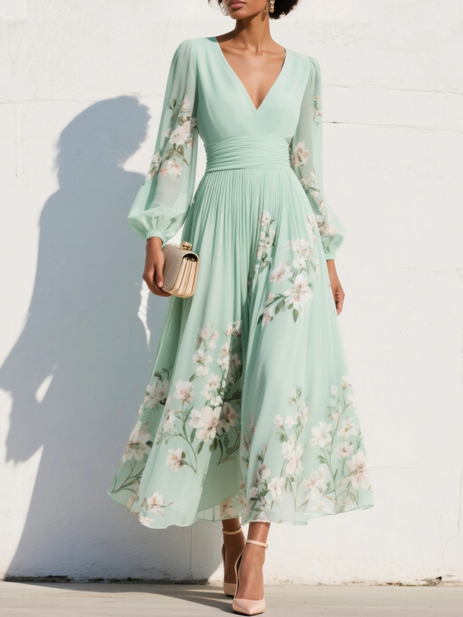 Women's Chiffon Dress | Maxi V-Neck Balloon Sleeve Floral