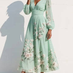 Women's Chiffon Dress | Maxi V-Neck Balloon Sleeve Floral