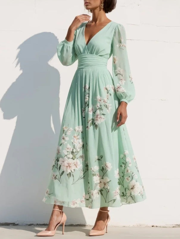 Women's Chiffon Dress | Maxi V-Neck Balloon Sleeve Floral