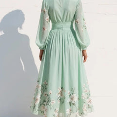 Women's Chiffon Dress | Maxi V-Neck Balloon Sleeve Floral
