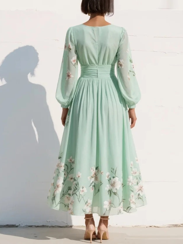 Women's Chiffon Dress | Maxi V-Neck Balloon Sleeve Floral