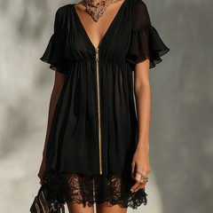 Women's Mini Cocktail Dress | V-Neck Flutter Sleeve Lace Trim Zipper