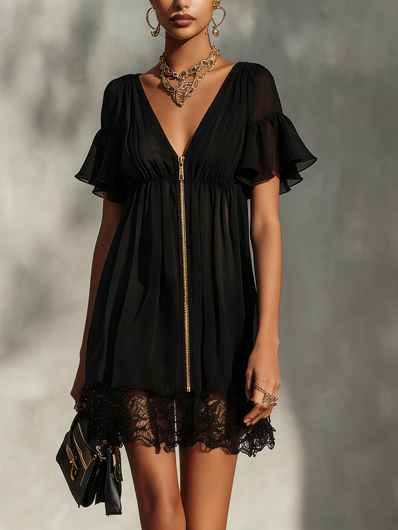 Women's Mini Cocktail Dress | V-Neck Flutter Sleeve Lace Trim Zipper