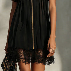 Women's Mini Cocktail Dress | V-Neck Flutter Sleeve Lace Trim Zipper