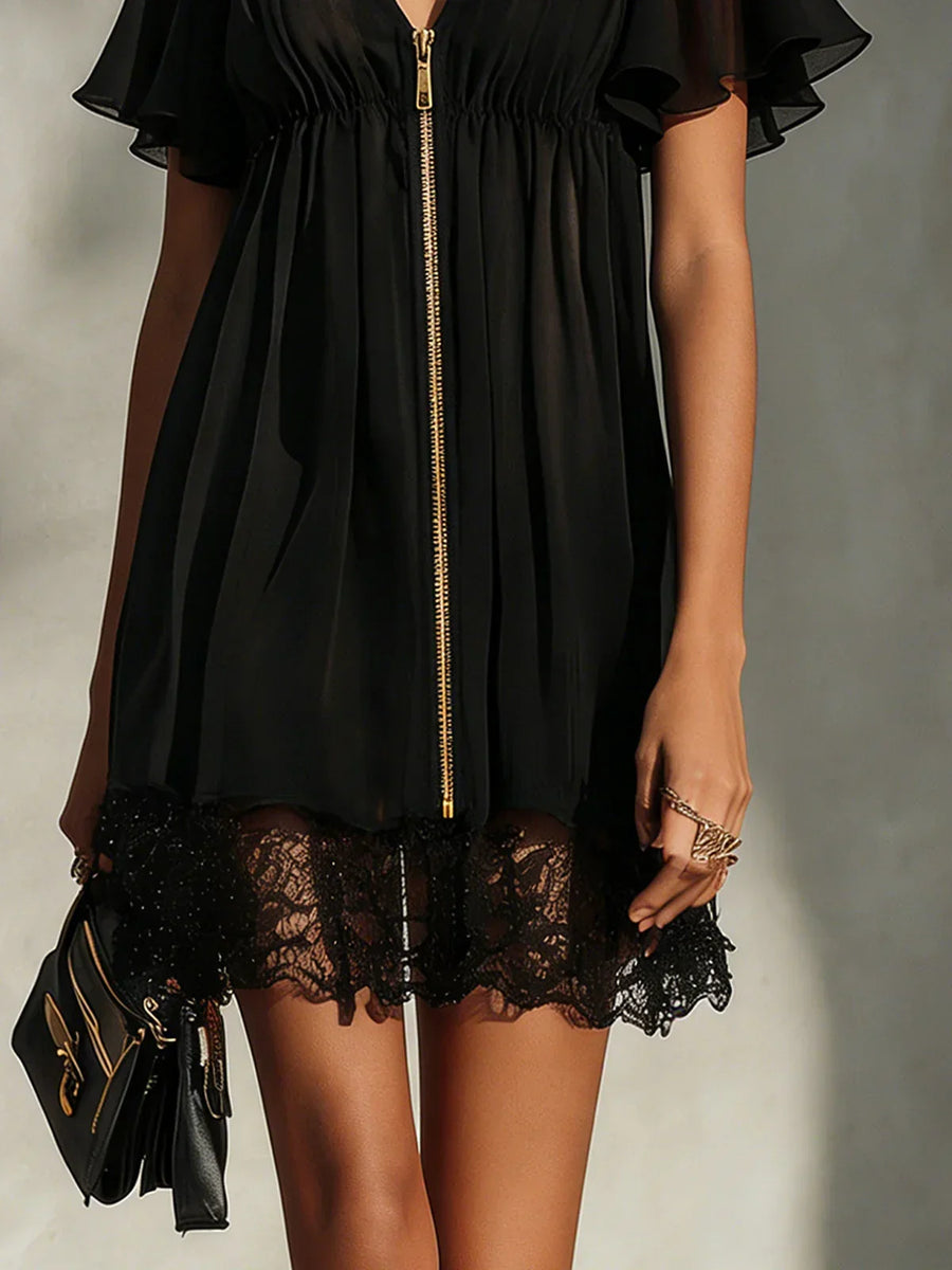 Women's Mini Cocktail Dress | V-Neck Flutter Sleeve Lace Trim Zipper