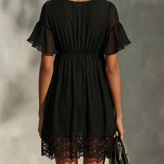 Women's Mini Cocktail Dress | V-Neck Flutter Sleeve Lace Trim Zipper