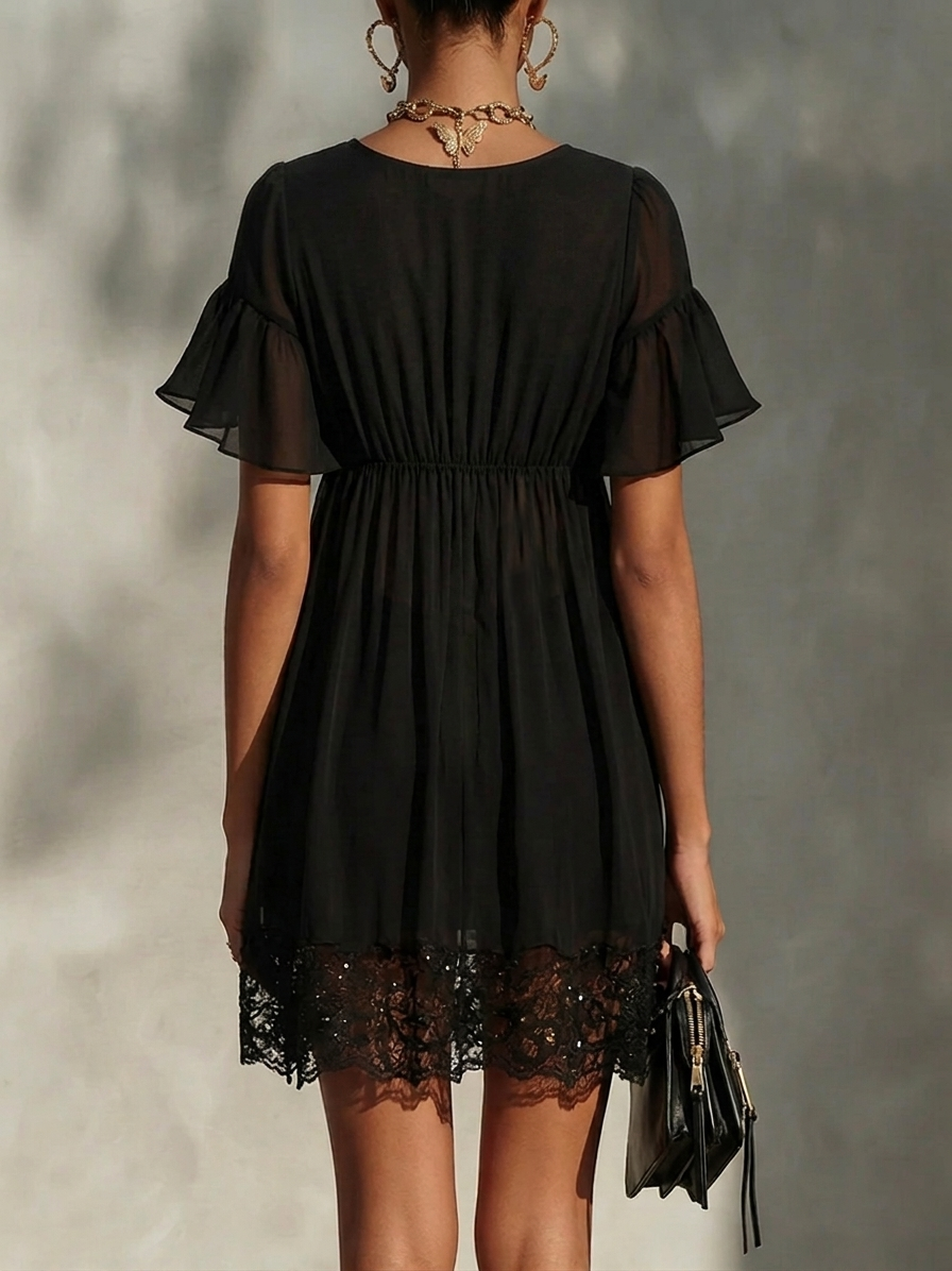 Women's Mini Cocktail Dress | V-Neck Flutter Sleeve Lace Trim Zipper