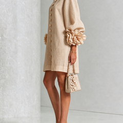 Women's Mini Dress | Round Neckline Puff Sleeve Button Front Linen