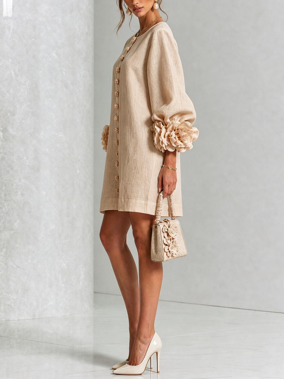 Women's Mini Dress | Round Neckline Puff Sleeve Button Front Linen