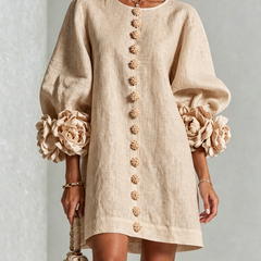 Women's Mini Dress | Round Neckline Puff Sleeve Button Front Linen
