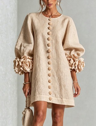Women's Mini Dress | Round Neckline Puff Sleeve Button Front Linen