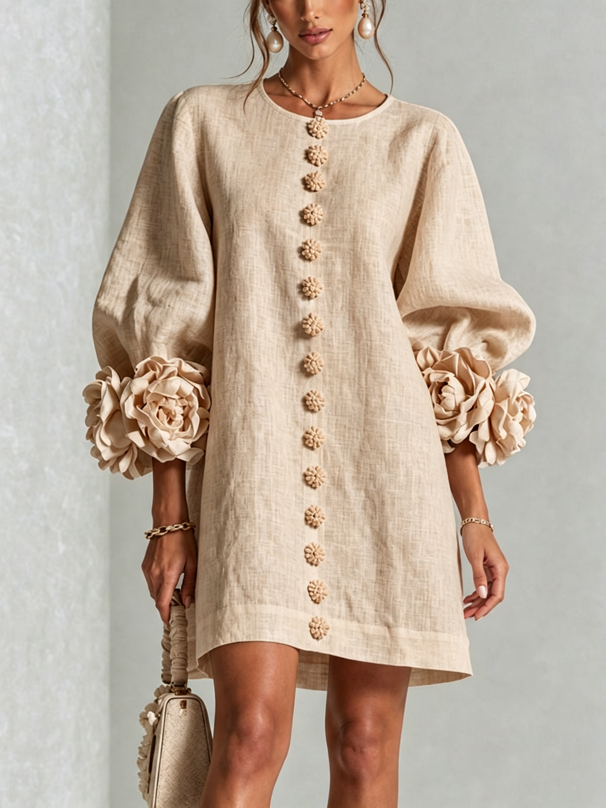 Women's Mini Dress | Round Neckline Puff Sleeve Linen