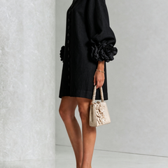 Women's Mini Dress | Round Neckline Puff Sleeve Button Front Linen