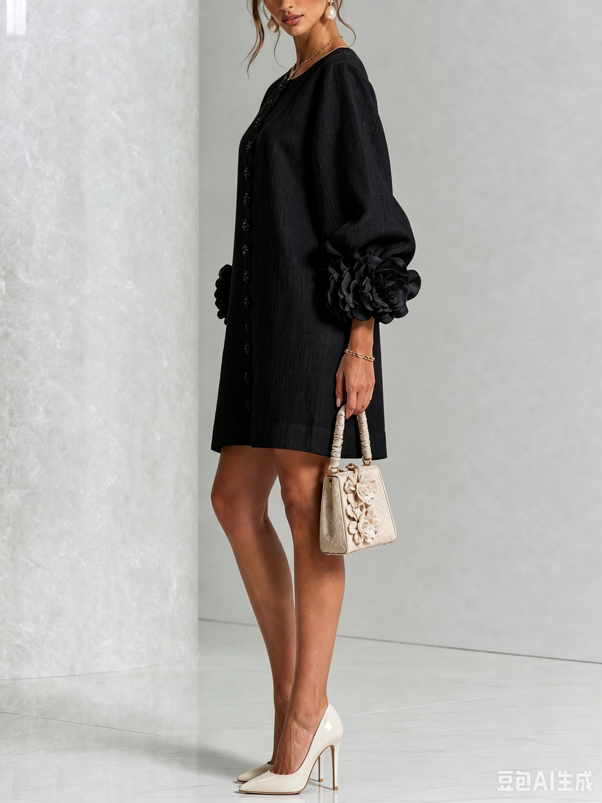 Women's Mini Dress | Round Neckline Puff Sleeve Linen