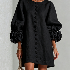 Women's Mini Dress | Round Neckline Puff Sleeve Button Front Linen