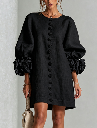 Women's Mini Dress | Round Neckline Puff Sleeve Button Front Linen
