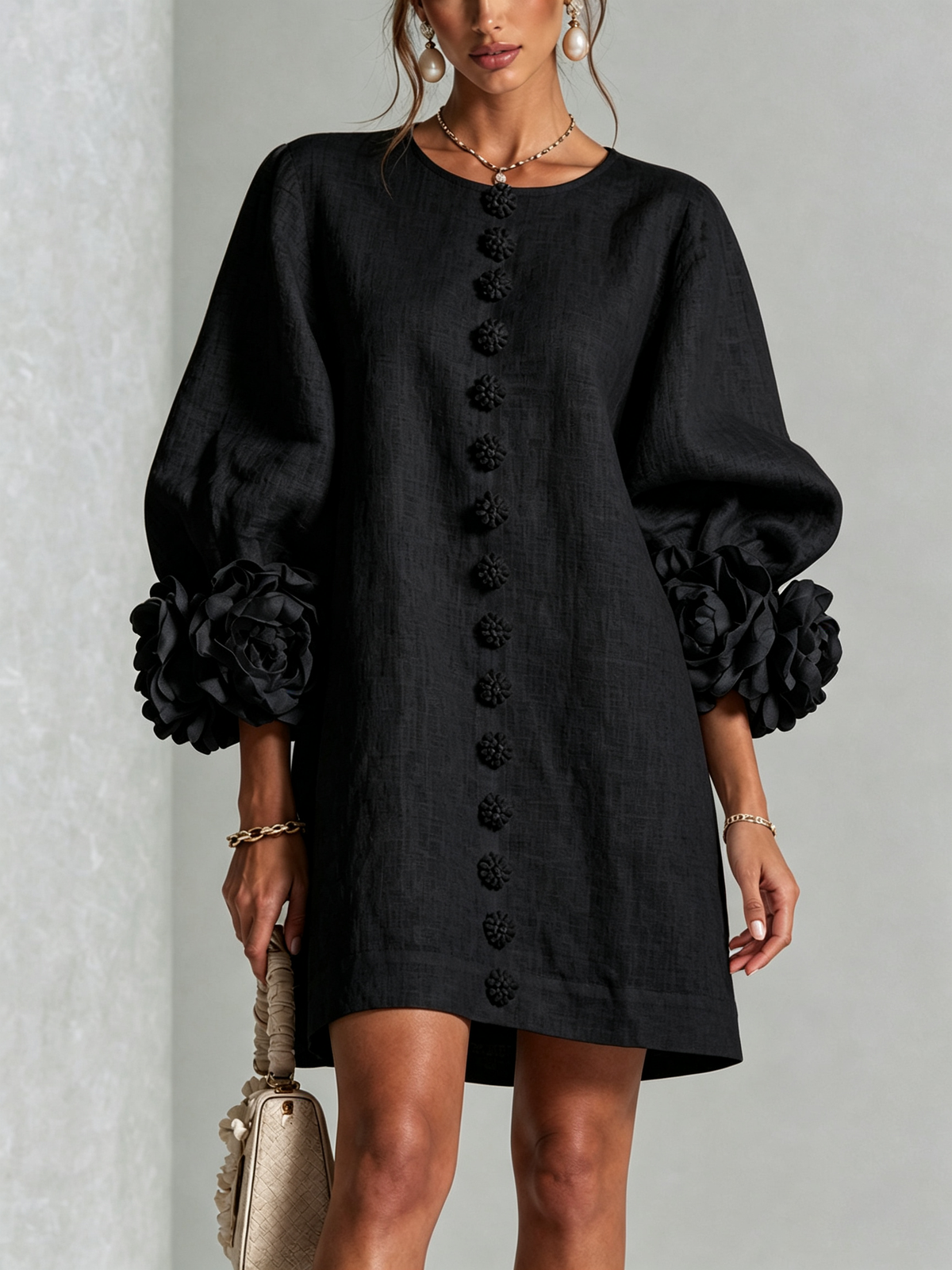 Women's Mini Dress | Round Neckline Puff Sleeve Linen