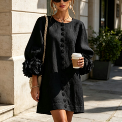 Women's Mini Dress | Round Neckline Puff Sleeve Button Front Linen