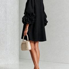Women's Mini Dress | Round Neckline Puff Sleeve Button Front Linen