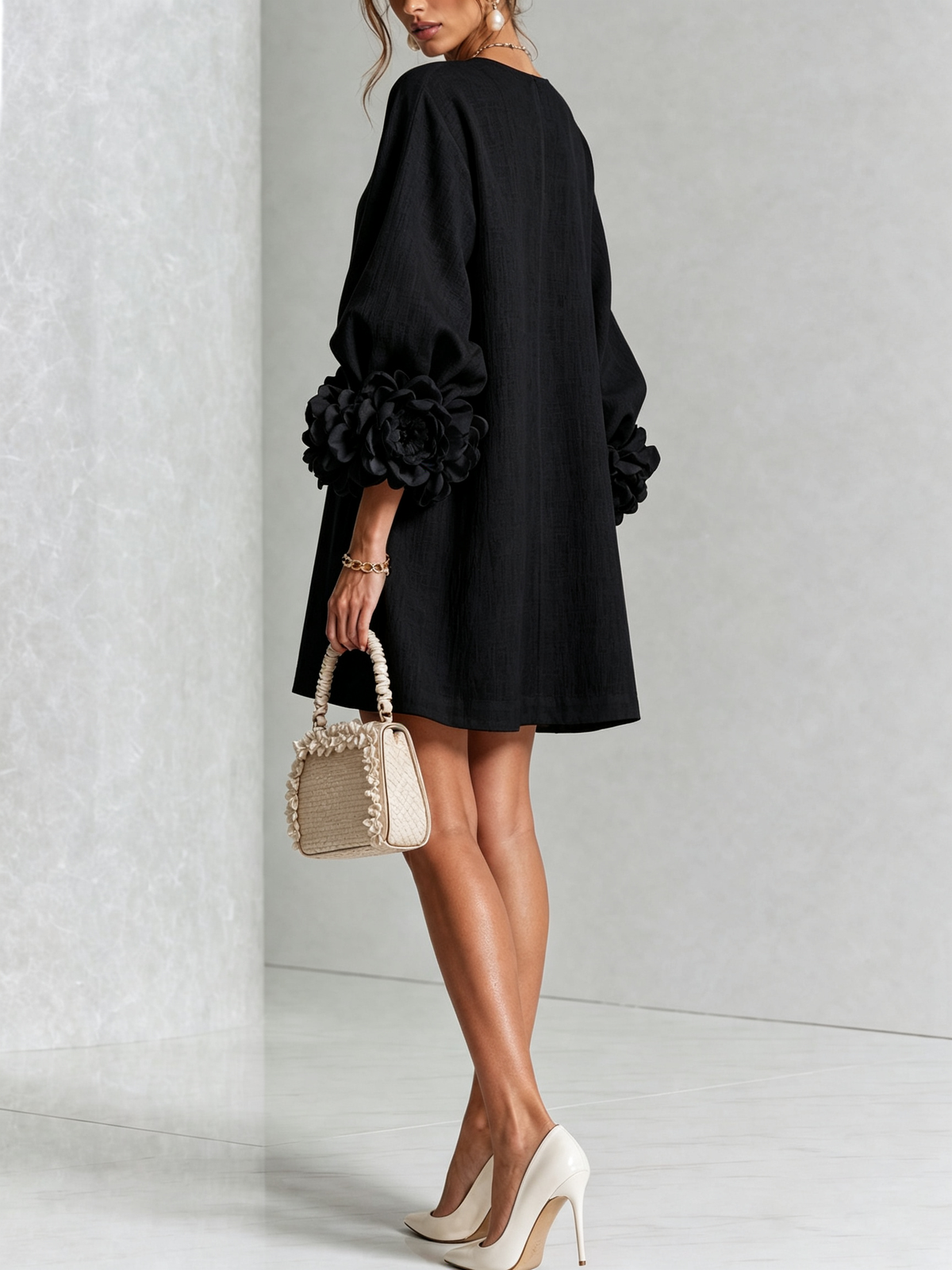 Women's Mini Dress | Round Neckline Puff Sleeve Button Front Linen