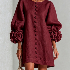 Women's Mini Dress | Round Neckline Puff Sleeve Button Front Linen