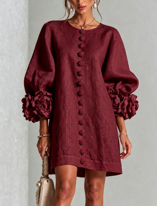 Women's Mini Dress | Round Neckline Puff Sleeve Button Front Linen
