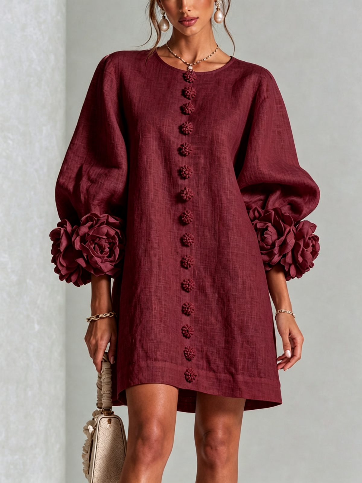 Women's Mini Dress | Round Neckline Puff Sleeve Linen