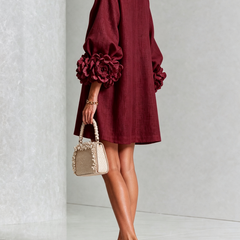 Women's Mini Dress | Round Neckline Puff Sleeve Button Front Linen