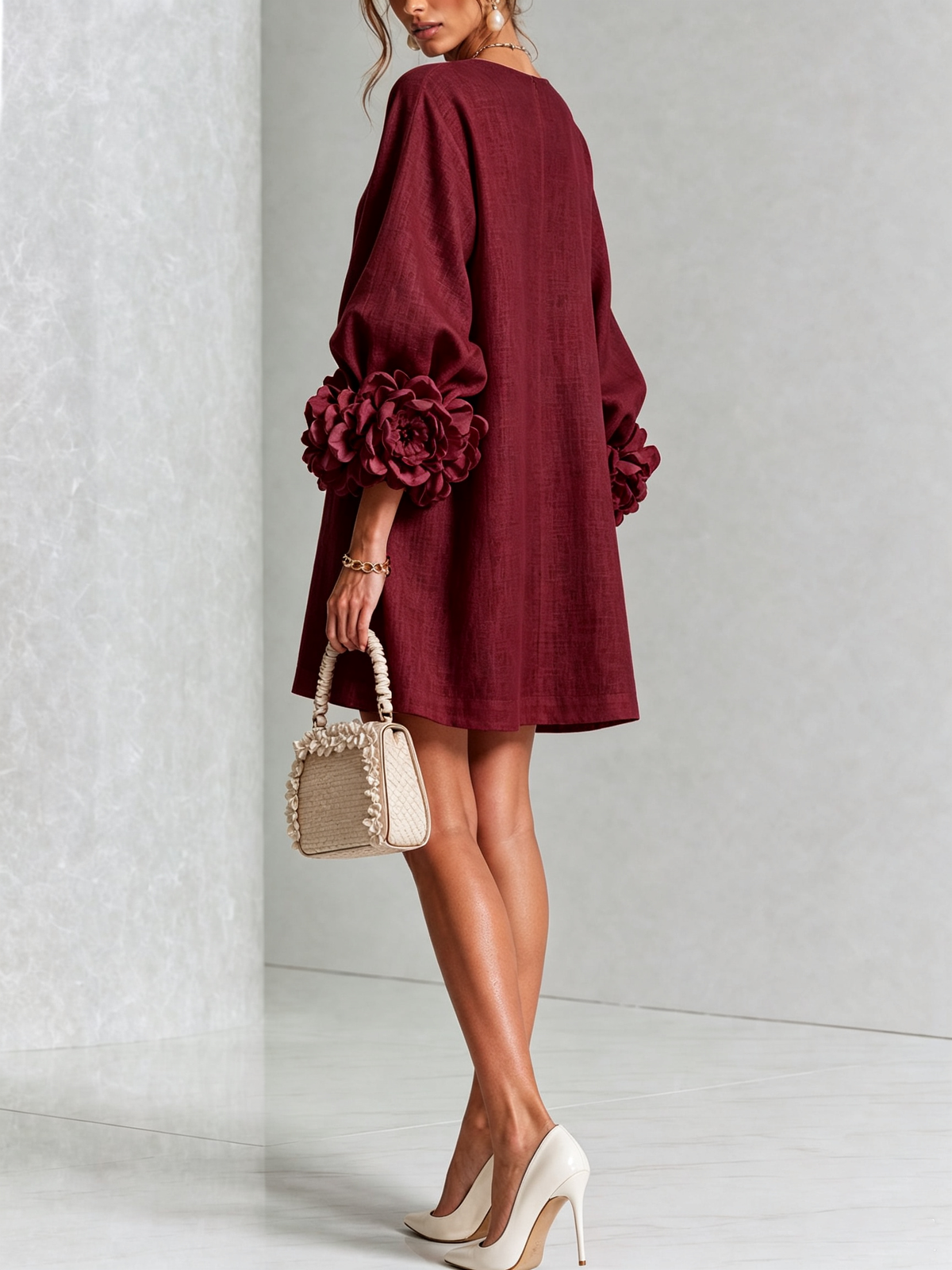 Women's Mini Dress | Round Neckline Puff Sleeve Linen