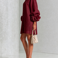 Women's Mini Dress | Round Neckline Puff Sleeve Button Front Linen