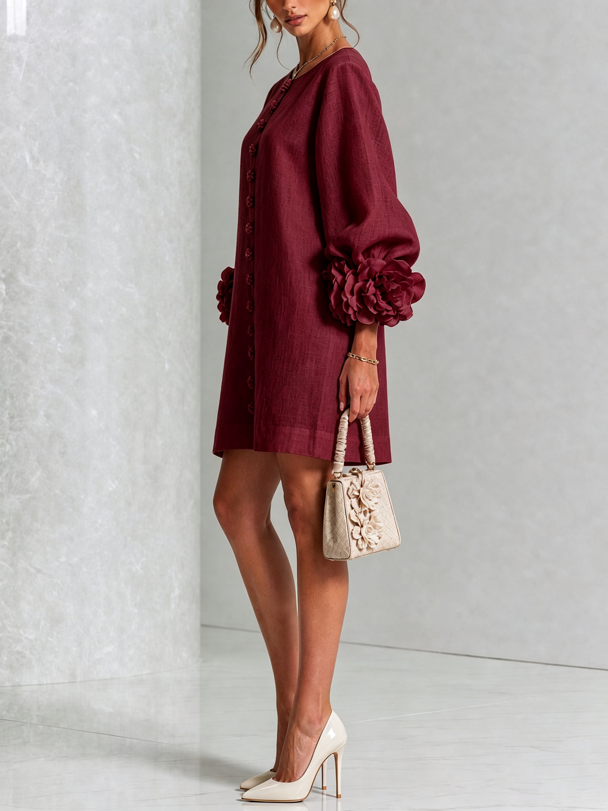 Women's Mini Dress | Round Neckline Puff Sleeve Linen