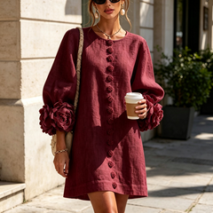 Women's Mini Dress | Round Neckline Puff Sleeve Button Front Linen