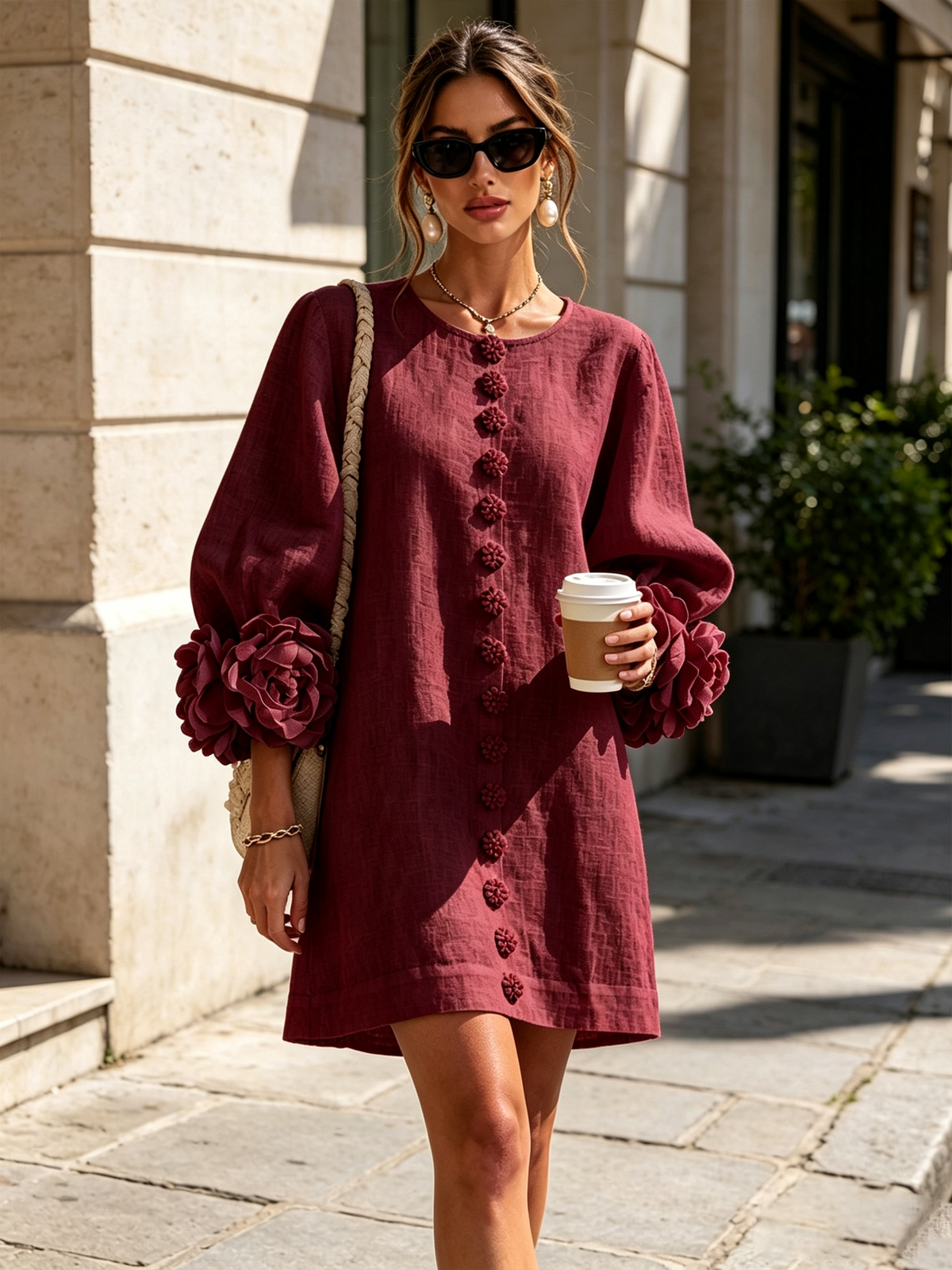 Women's Mini Dress | Round Neckline Puff Sleeve Button Front Linen