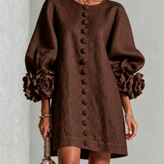 Women's Mini Dress | Round Neckline Puff Sleeve Button Front Linen