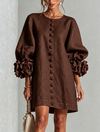 Women's Mini Dress | Round Neckline Puff Sleeve Button Front Linen