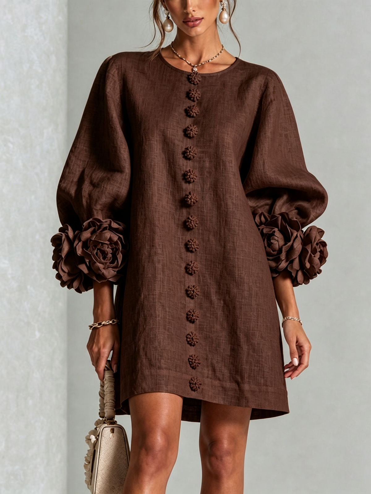 Women's Mini Dress | Round Neckline Puff Sleeve Button Front Linen