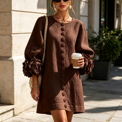 Women's Mini Dress | Round Neckline Puff Sleeve Button Front Linen