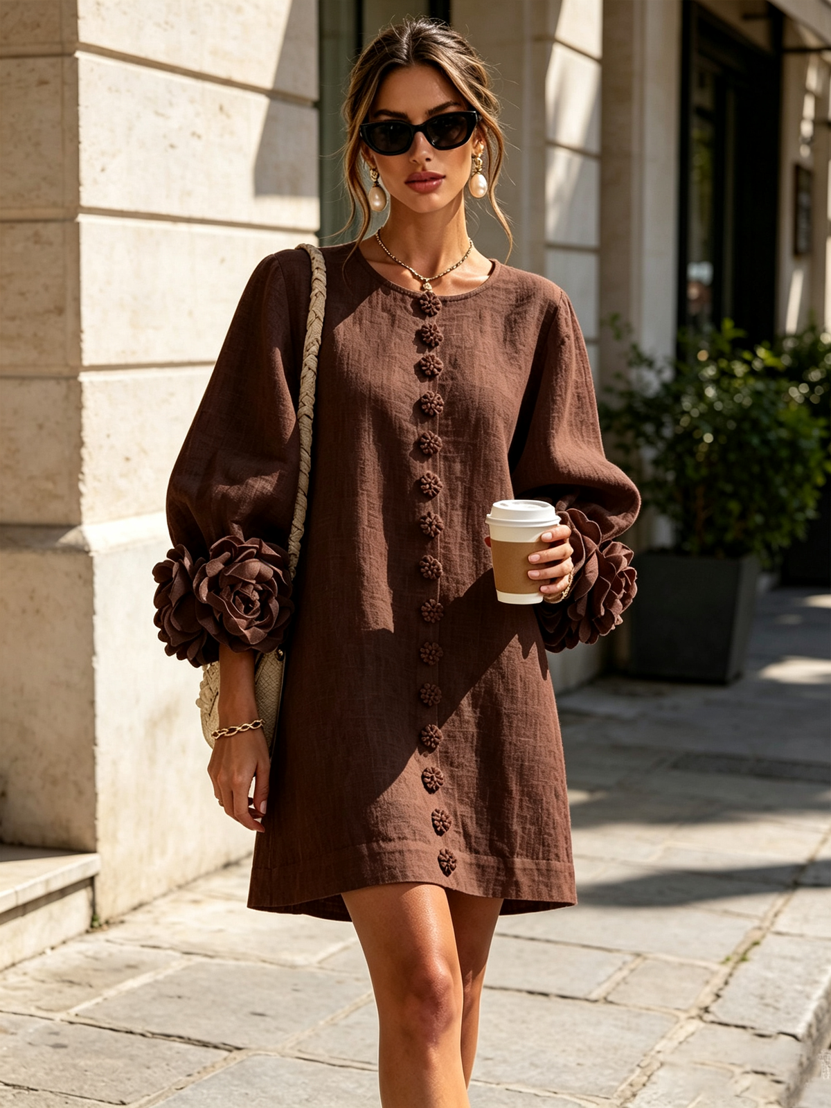 Women's Mini Dress | Round Neckline Puff Sleeve Button Front Linen