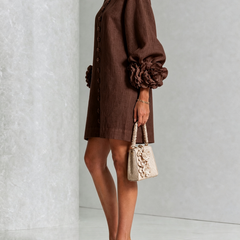 Women's Mini Dress | Round Neckline Puff Sleeve Button Front Linen