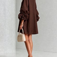 Women's Mini Dress | Round Neckline Puff Sleeve Button Front Linen